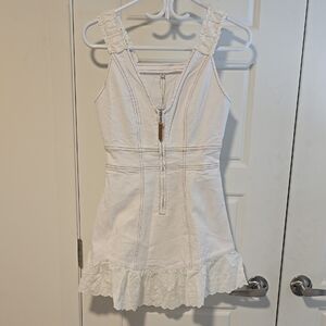 Cream Lace-Trim Mini Dress with Front Zip and Ruffle Hem